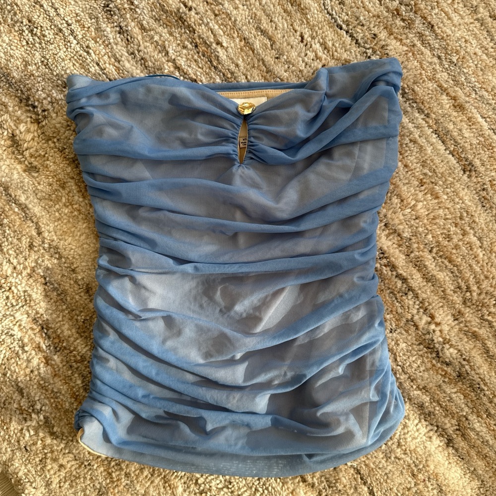 Reformation strapless blue crop top with gold detail